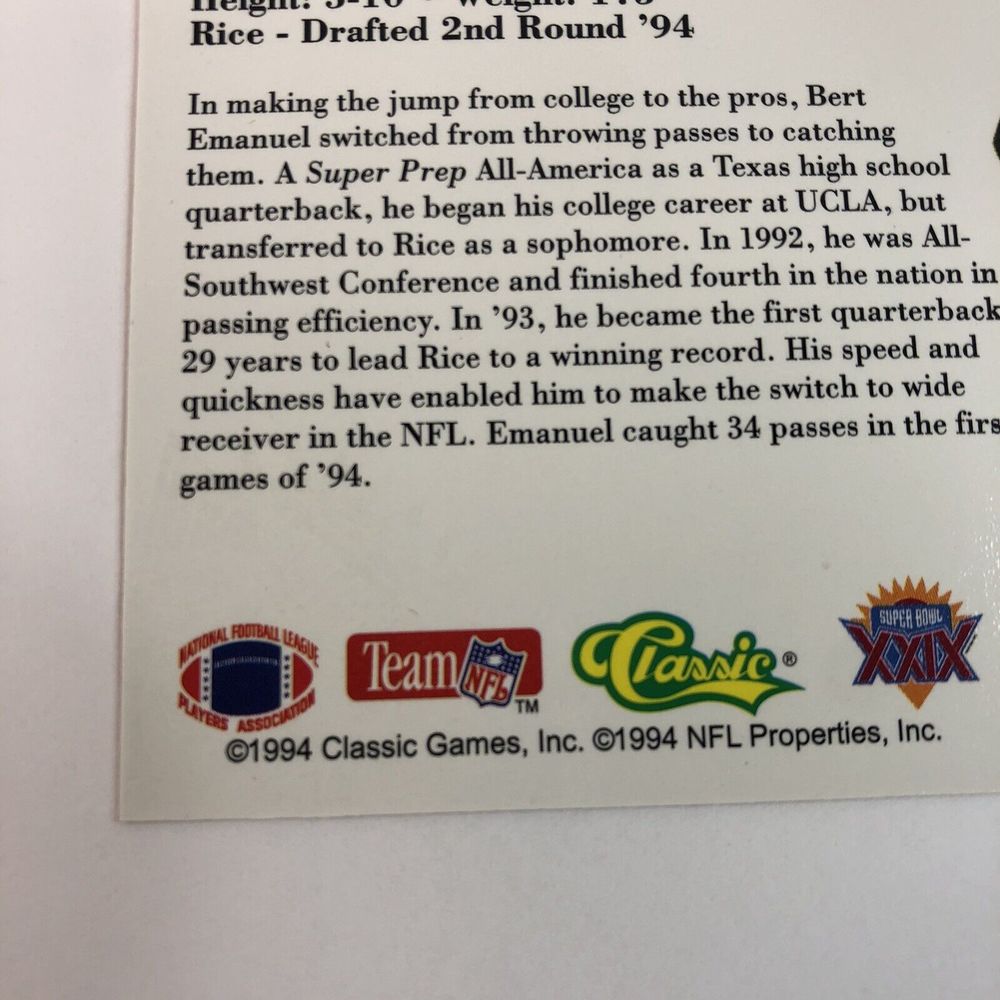 1994 Classic NFL Rookie Card BERT EMANUEL Atlanta Falcons, Super Bowl 29, Rare - Picture 7 of 10